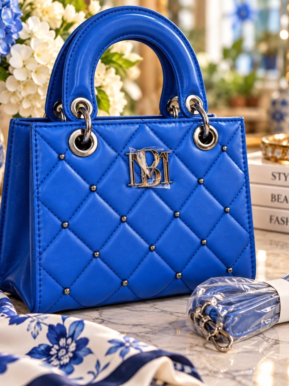H-122 Badgley Mischka Blue Quilted Vegan Leather Satchel Handbag NWT